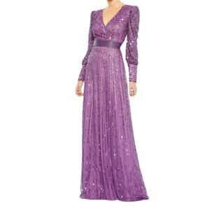 Mac Duggal Purple Sequined Wrap Over Bishop Sleeve Gown 5720 Women’s Sz 20